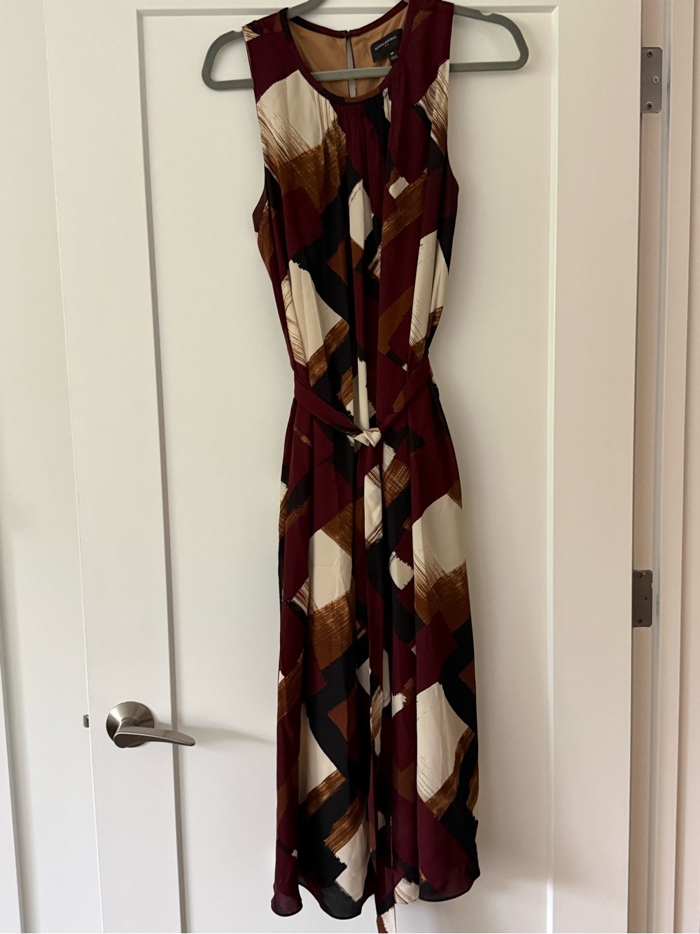 Banana Republic Sleeveless Burgundy, Cream & Brown Geometric Maxi Dress